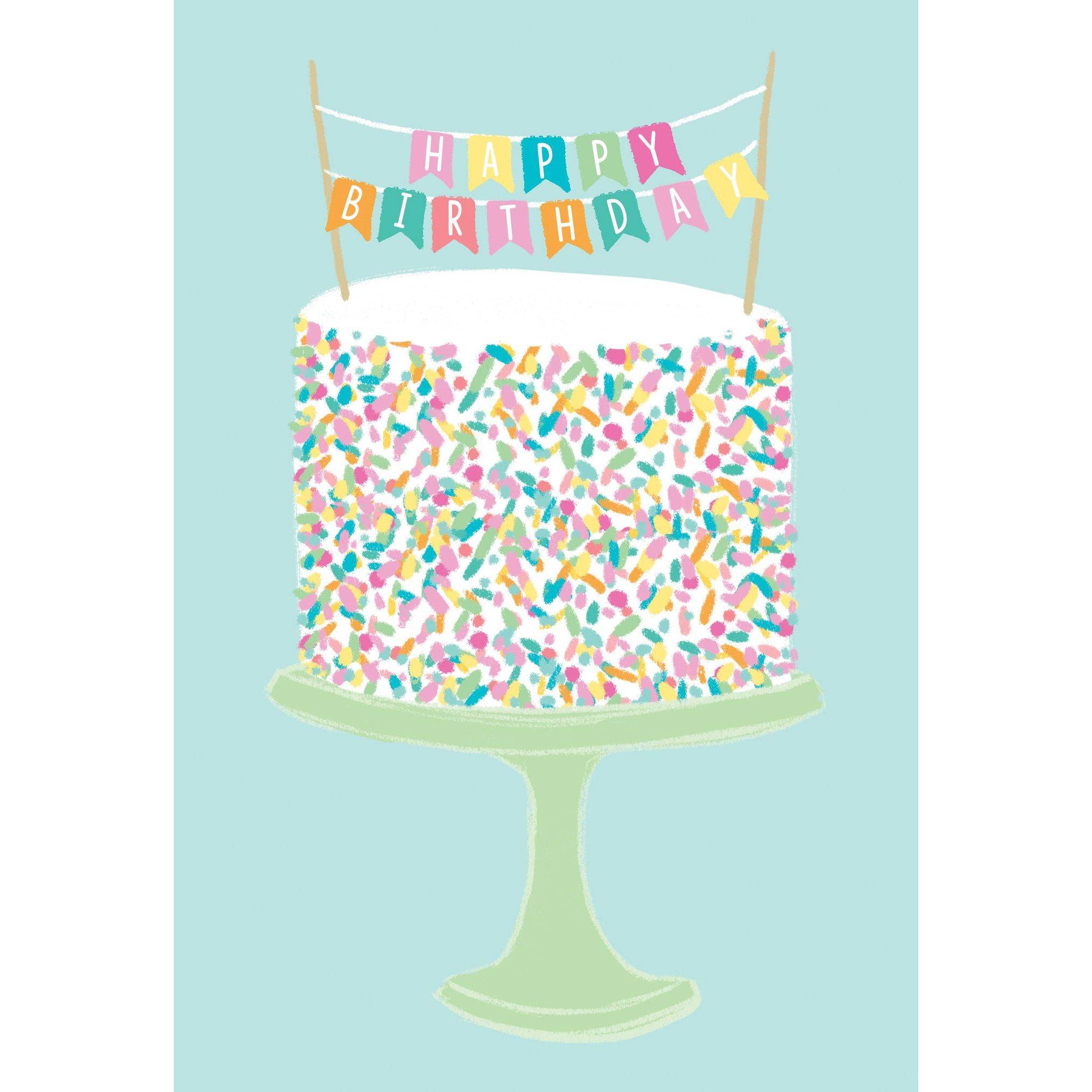 Colorful sprinkle cake birthday card by Pictura featuring festive cake illustration for special celebrations.